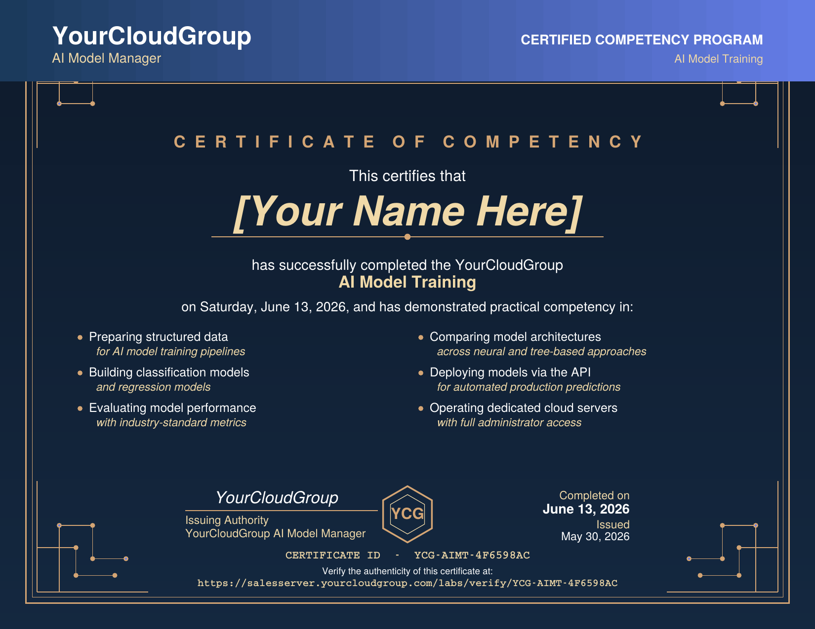 Sample YourCloudGroup AI Model Training Certificate